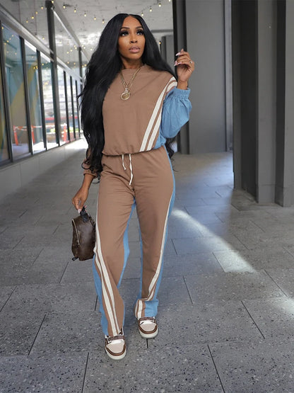 Sweatsuits for Woman 2025 Fall Sports Fashion Color Block Stripe Full Sleeve Sweatshirt and Drawstring Long Pants 2 Piece Sets