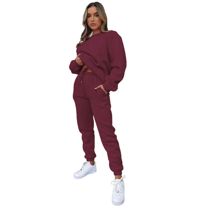 Women's Suit Fashionable Casual Loose Highly Elastic Sportswear Round Neck Solid Color Autumn Collection 2 Pieces Set For Woman