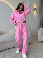 2025 Women's Cotton Hoodies Sweatshirt Two-piece Suit Casual Sports Sets High-waist Short Jacket Straight Trousers 2-piece Sets