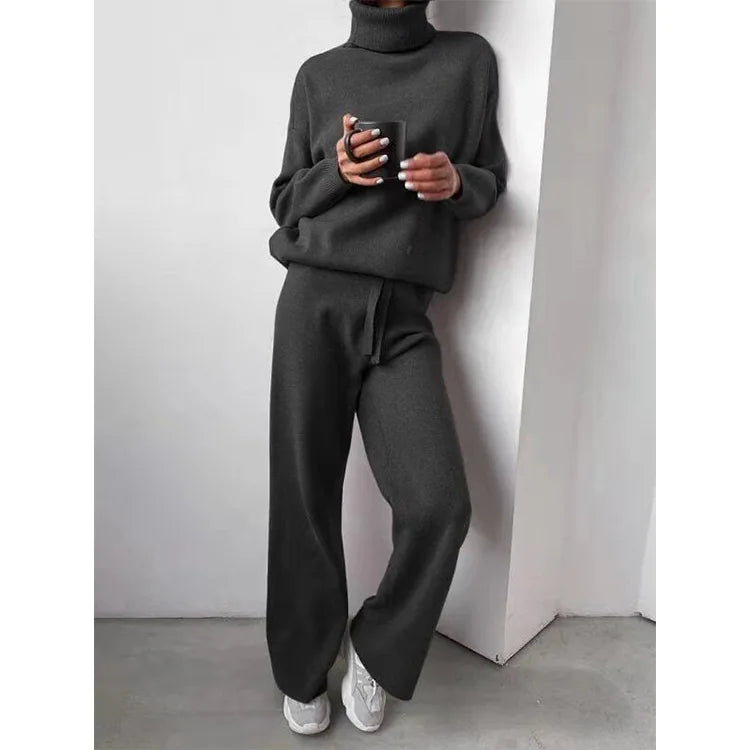 Women's  Wool Knitted Sweater Set Lady Fashion High Neck Soft Warm Winter Autumn Tracksuit