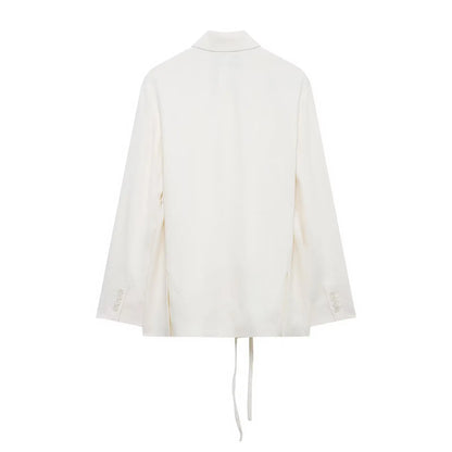 HH Women Spring Fashion Suits White Turn-Down Collar Long Sleeves Lace-Up Blazers+High Waist Zipper Long Pants Female Sets