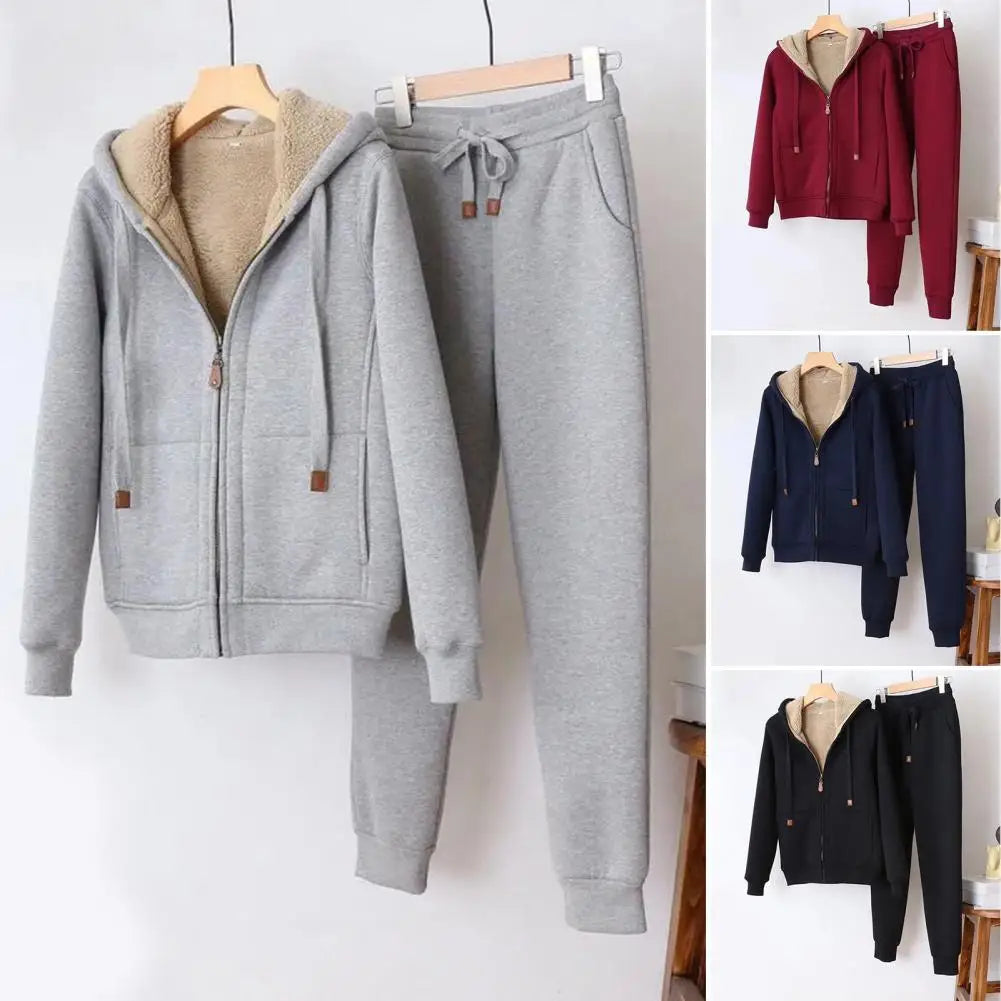 Women's Sweatshirt Pants Suit Autumn and Winter Warm Long-sleeved Fleece Thick Hoodie Coat Jogger Pants Sportswear Two-piece Set