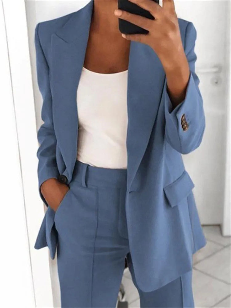 Women Suits 2 Pieces Set Fashion Lapels Single-button Coat Straight Leg Slim Pants Elegant Commuter Casuals Outfit Available 5XL
