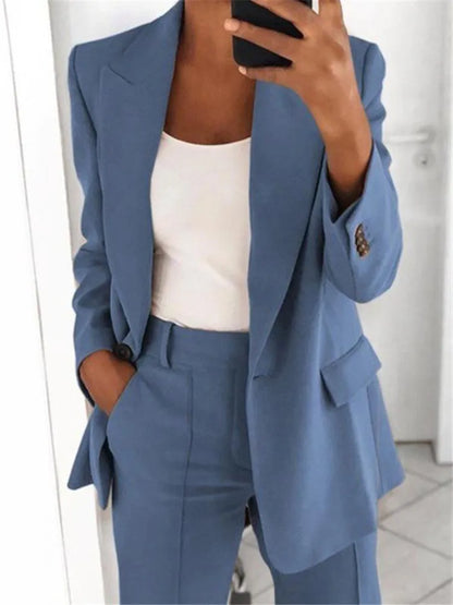 Women Suits 2 Pieces Set Fashion Lapels Single-button Coat Straight Leg Slim Pants Elegant Commuter Casuals Outfit Available 5XL