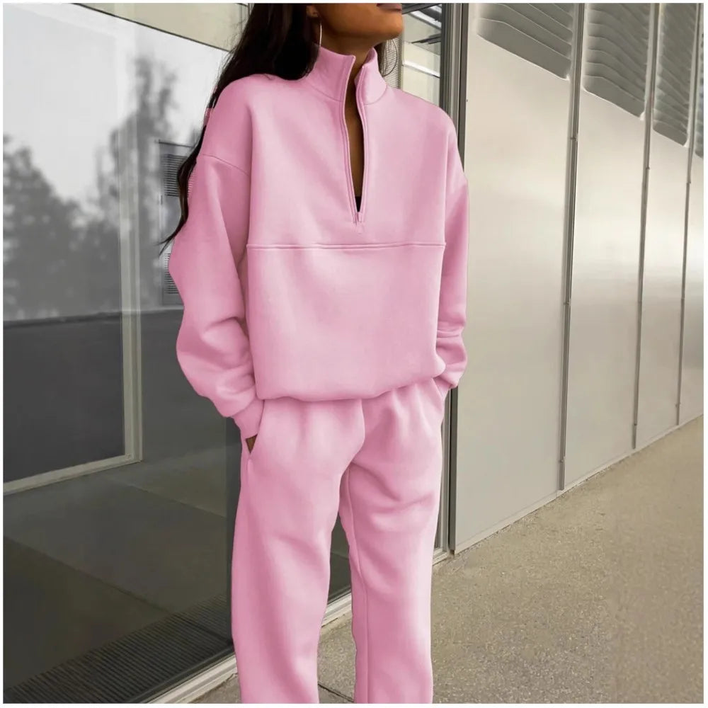 Casual Sweatshirt Long Sleeve Women's Suit Autumn Winter New Fashion Semi Zipper Loose Simple Sports Trousers 2piece Set Female