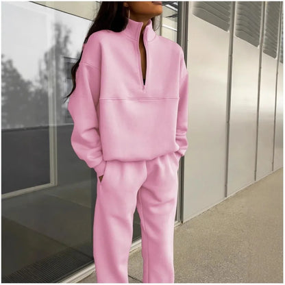 Casual Sweatshirt Long Sleeve Women's Suit Autumn Winter New Fashion Semi Zipper Loose Simple Sports Trousers 2piece Set Female