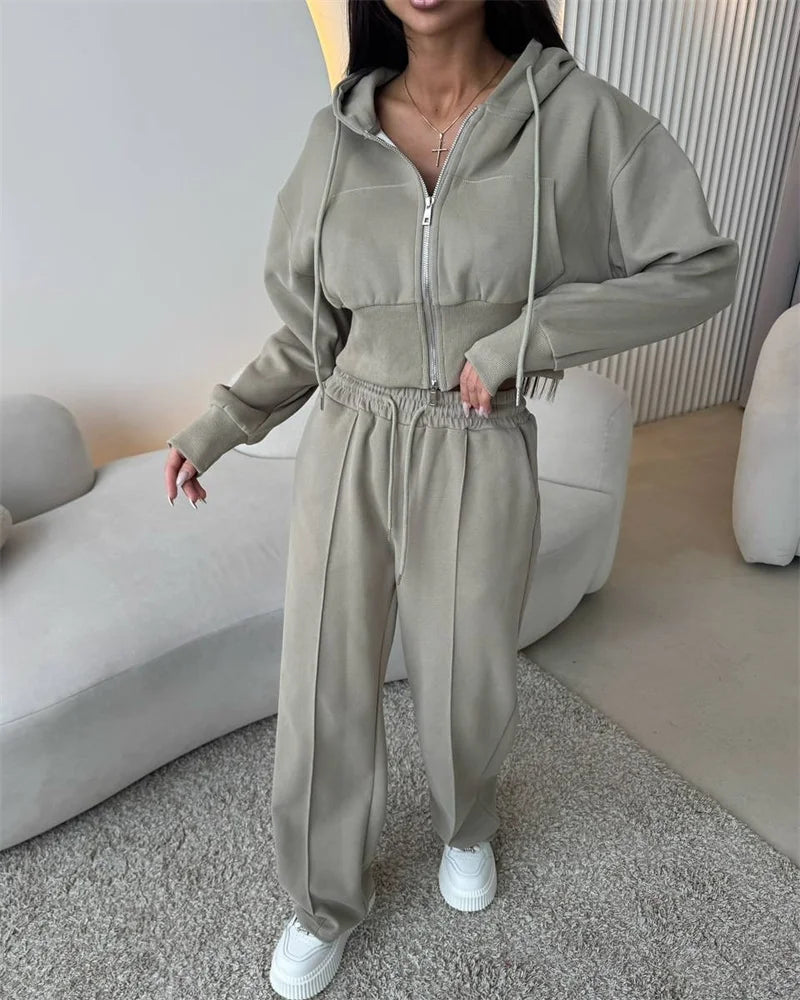 2025 Women's Cotton Hoodies Sweatshirt Two-piece Suit Casual Sports Sets High-waist Short Jacket Straight Trousers 2-piece Sets