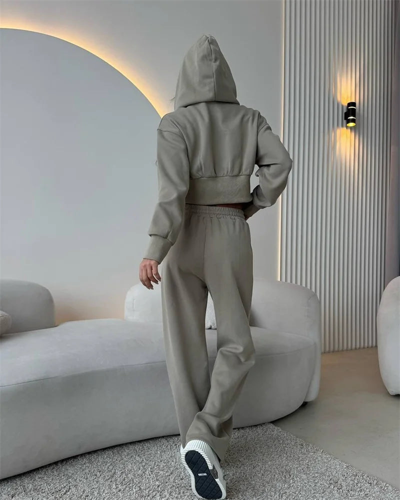 2025 Women's Cotton Hoodies Sweatshirt Two-piece Suit Casual Sports Sets High-waist Short Jacket Straight Trousers 2-piece Sets