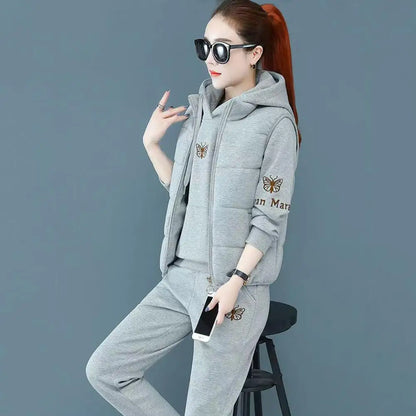 2024 Autumn Winter New Women's Casual Sweat Suit Fashion Plush Thickened Hooded Tops Waistcoat Pants 3 Three Piece Set For Women