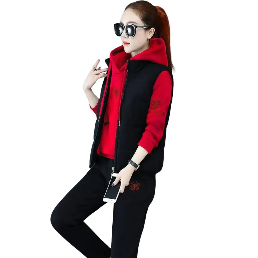 2024 Autumn Winter New Women's Casual Sweat Suit Fashion Plush Thickened Hooded Tops Waistcoat Pants 3 Three Piece Set For Women