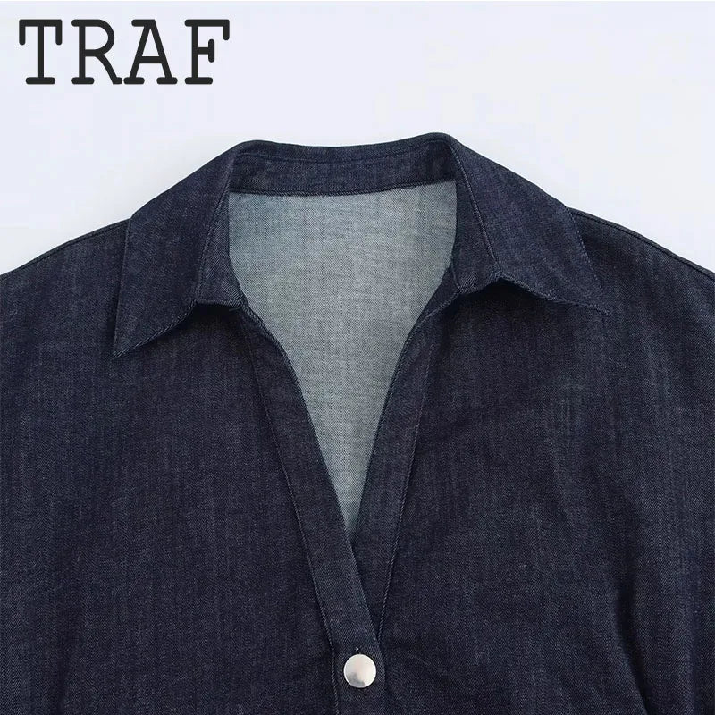 TRAF Pleated Single Breasted Denim Dress Women Fashion Short Sleeve