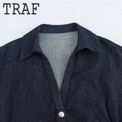 TRAF Pleated Single Breasted Denim Dress Women Fashion Short Sleeve
