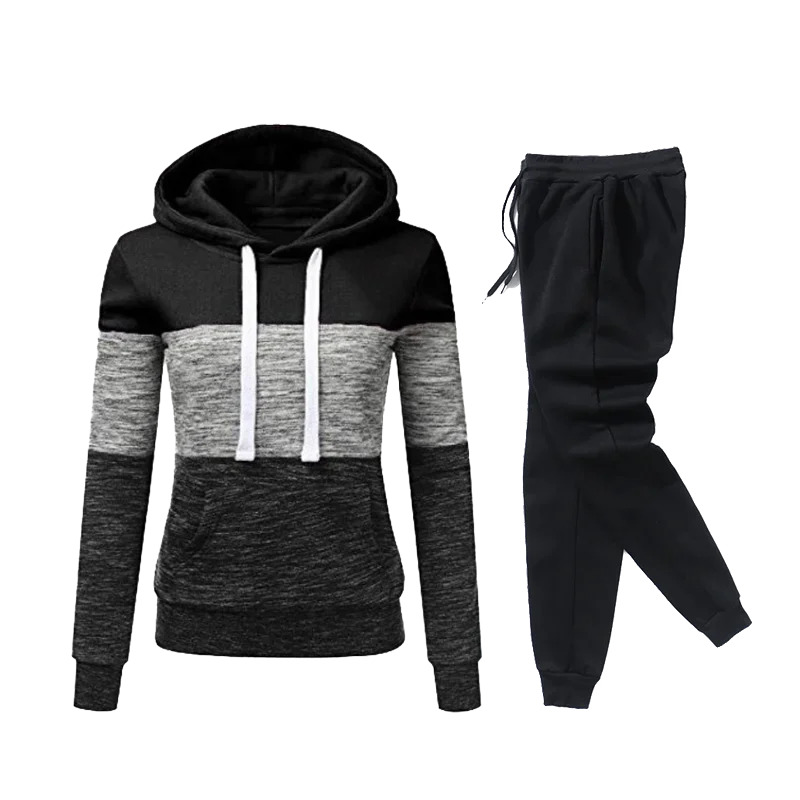 2024 Womens Outfits High Quality Color Block Hooded Sweatshirt Black Sweatpants Trend Jogging Hot Sales Sport Casual Tracksuit