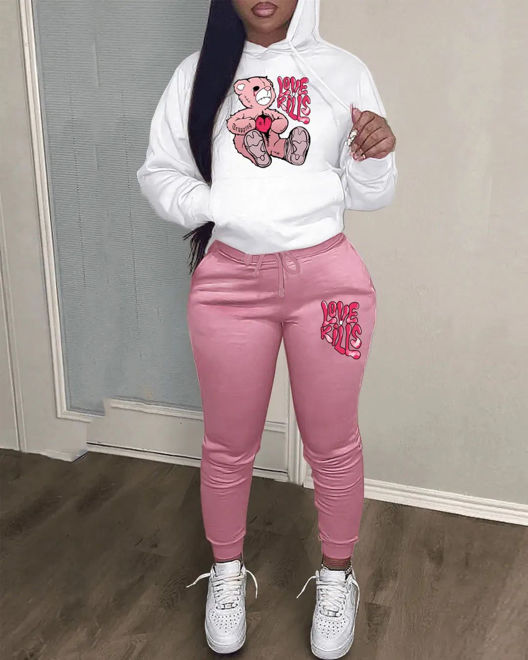 Women's Hoodies Sets Pants Suit 2 Piece Outfits 2025 New Letter Print Bear Aesthetics Sweatshirt and Sweatpants Womens Tracksuit