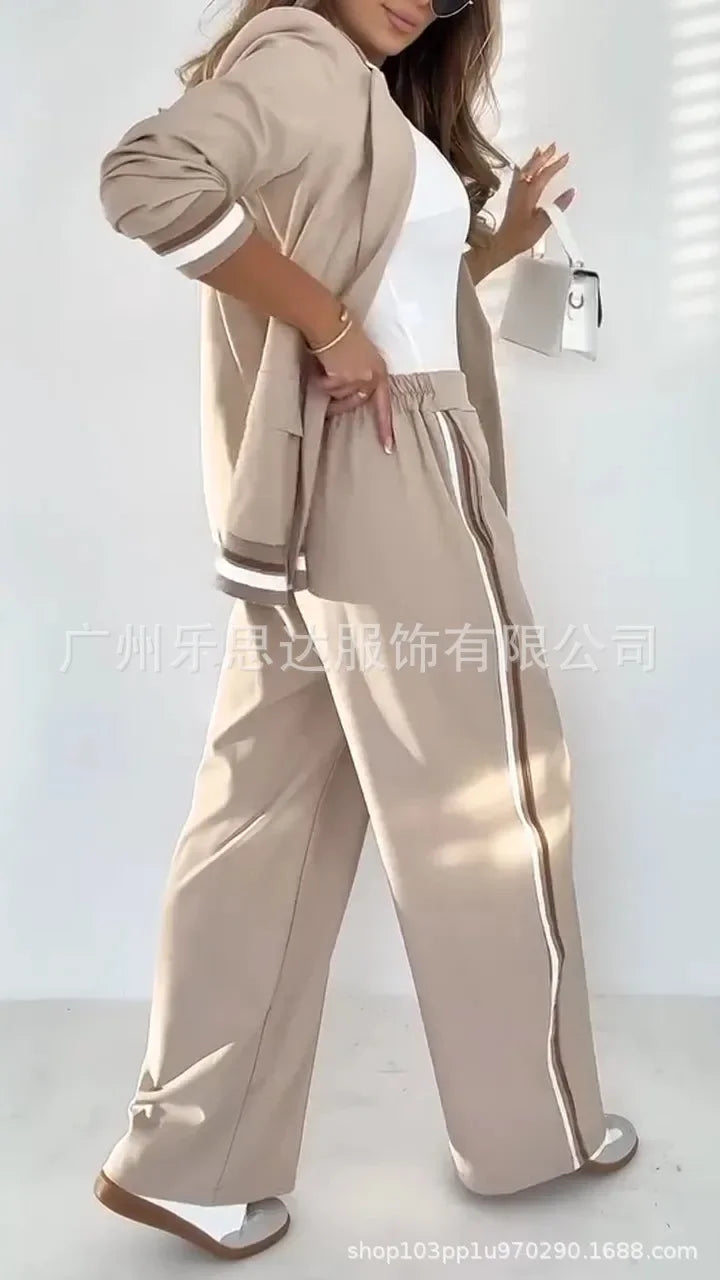 Women Suit Jacket 2 Piece Sets Striped Blazer Coat Turn Down Collar Single Breasted Wide Leg Pants Ensemble Office Lady Outfits