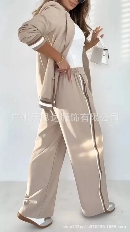 Women Suit Jacket 2 Piece Sets Striped Blazer Coat Turn Down Collar Single Breasted Wide Leg Pants Ensemble Office Lady Outfits