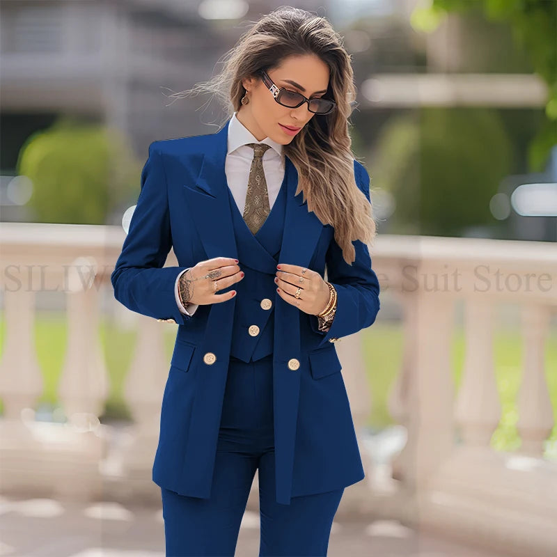 Elegant Women Suit 3 Piece Jacket Vest Pants Double Breasted Female Clothing Smart Formal Office Banquet Lady's Blazers Sets