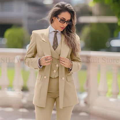 Elegant Women Suit 3 Piece Jacket Vest Pants Double Breasted Female Clothing Smart Formal Office Banquet Lady's Blazers Sets
