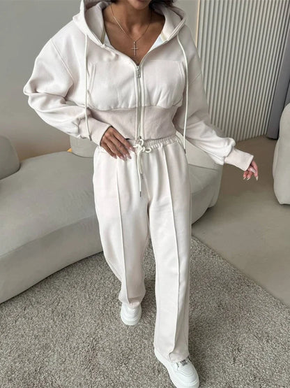 2025 Women's Cotton Hoodies Sweatshirt Two-piece Suit Casual Sports Sets High-waist Short Jacket Straight Trousers 2-piece Sets