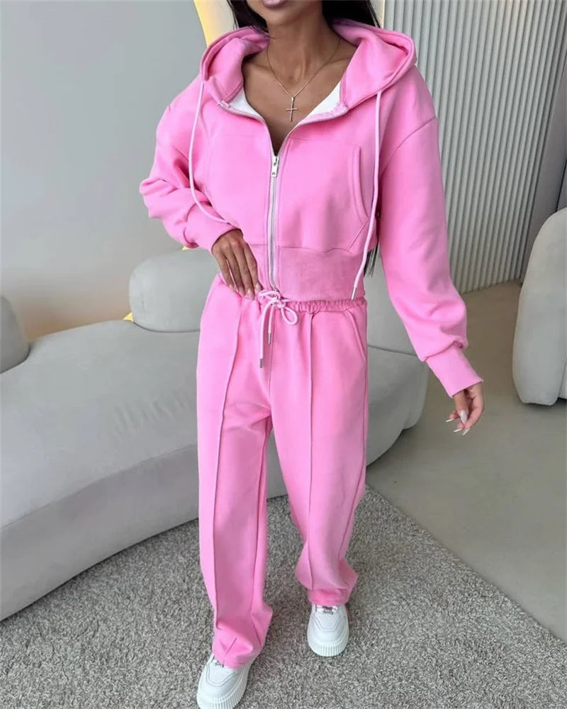 2025 Women's Cotton Hoodies Sweatshirt Two-piece Suit Casual Sports Sets High-waist Short Jacket Straight Trousers 2-piece Sets