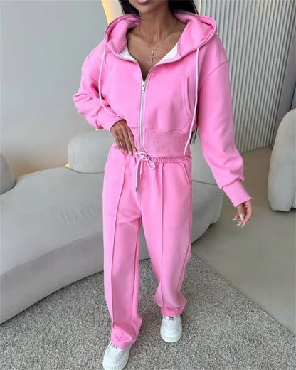 2025 Women's Cotton Hoodies Sweatshirt Two-piece Suit Casual Sports Sets High-waist Short Jacket Straight Trousers 2-piece Sets