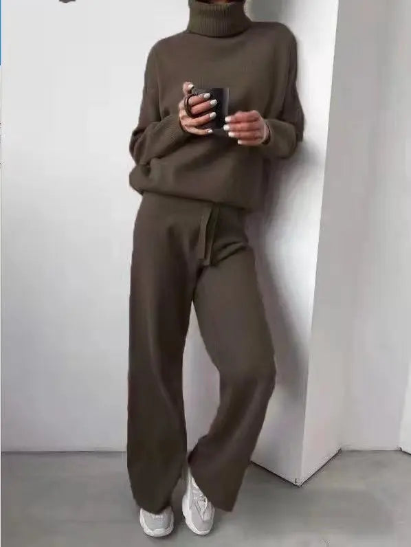 Women's  Wool Knitted Sweater Set Lady Fashion High Neck Soft Warm Winter Autumn Tracksuit