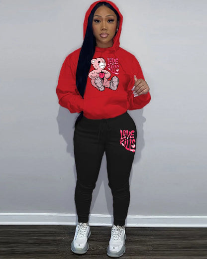 Women's Hoodies Sets Pants Suit 2 Piece Outfits 2025 New Letter Print Bear Aesthetics Sweatshirt and Sweatpants Womens Tracksuit
