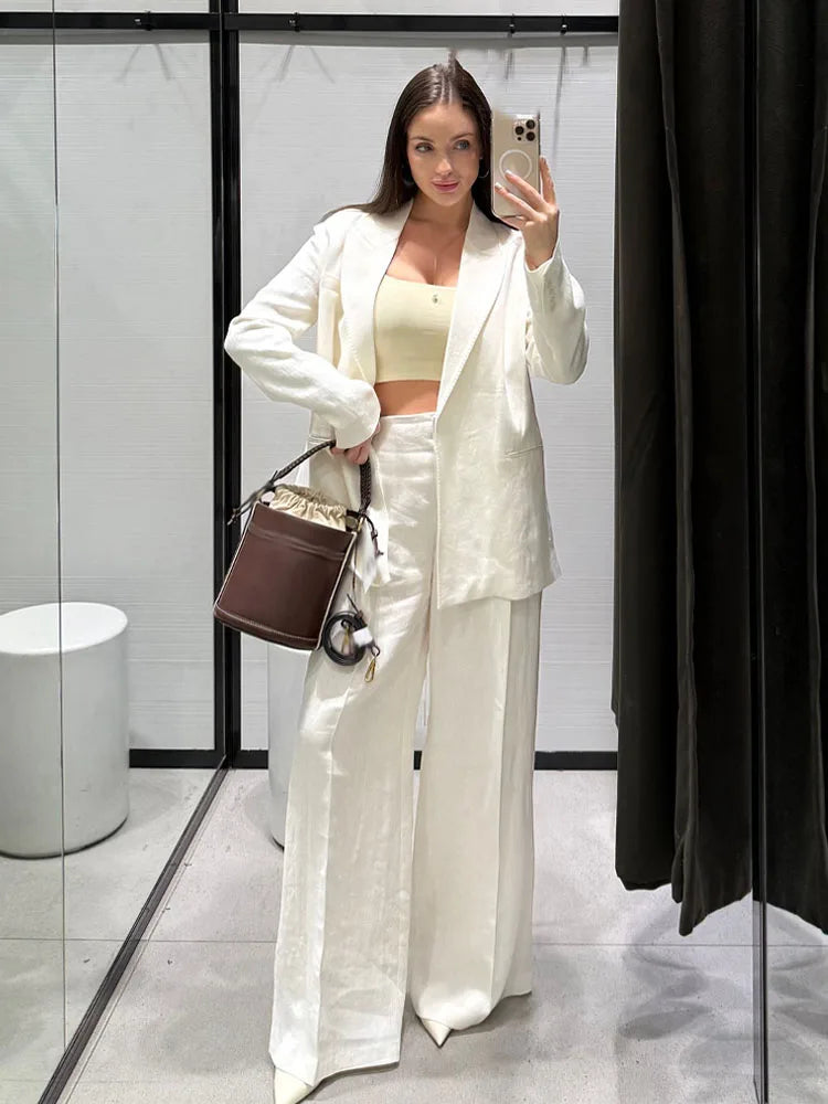 HH Women Spring Fashion Suits White Turn-Down Collar Long Sleeves Lace-Up Blazers+High Waist Zipper Long Pants Female Sets