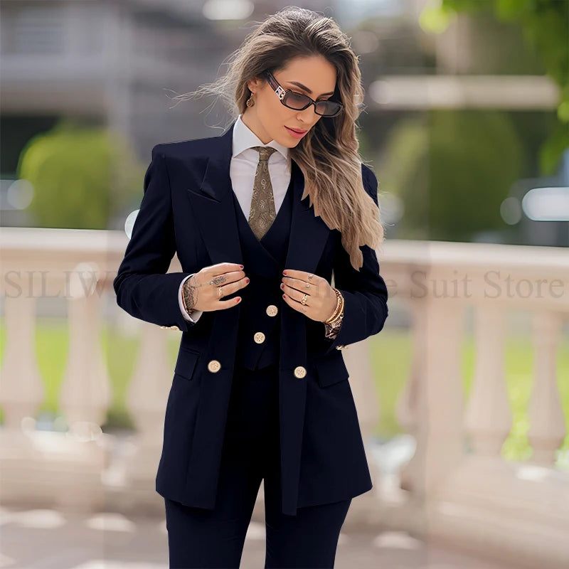 Elegant Women Suit 3 Piece Jacket Vest Pants Double Breasted Female Clothing Smart Formal Office Banquet Lady's Blazers Sets