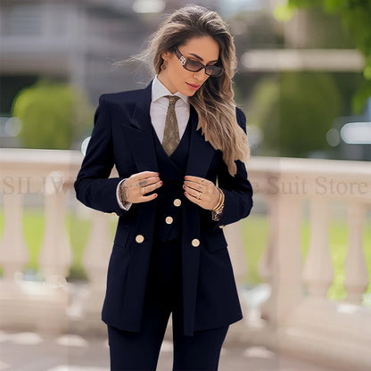 Elegant Women Suit 3 Piece Jacket Vest Pants Double Breasted Female Clothing Smart Formal Office Banquet Lady's Blazers Sets