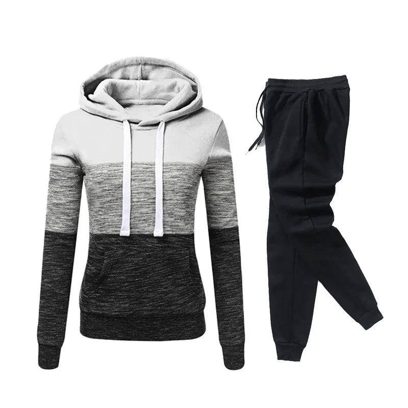 2024 Womens Outfits High Quality Color Block Hooded Sweatshirt Black Sweatpants Trend Jogging Hot Sales Sport Casual Tracksuit