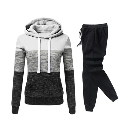 2024 Womens Outfits High Quality Color Block Hooded Sweatshirt Black Sweatpants Trend Jogging Hot Sales Sport Casual Tracksuit