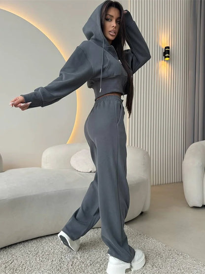 2025 Women's Cotton Hoodies Sweatshirt Two-piece Suit Casual Sports Sets High-waist Short Jacket Straight Trousers 2-piece Sets