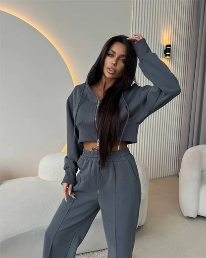 2025 Women's Cotton Hoodies Sweatshirt Two-piece Suit Casual Sports Sets High-waist Short Jacket Straight Trousers 2-piece Sets