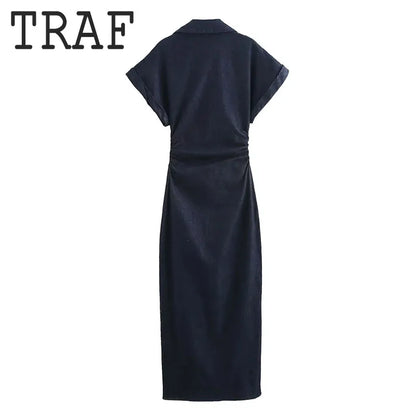 TRAF Pleated Single Breasted Denim Dress Women Fashion Short Sleeve
