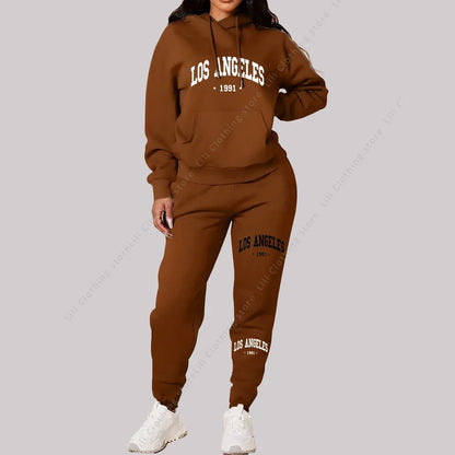 Women Sets Hoodies Pants 2 Piece Outfits Aesthetic Sportswear Sweatsuit Los Angeles Letter Print Suit Ladies Tracksuit Plus Size