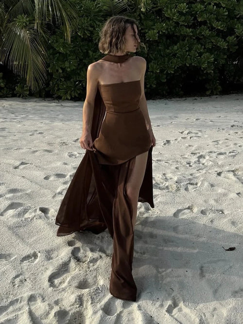 TARUXY Fashion Strapless Dress With Ribbon Female Elegant Sleeveless