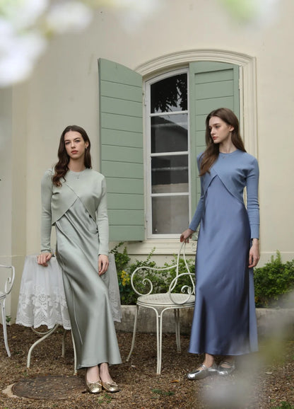 AS 2025 spring summer elegance satin dress + knitted top match set
