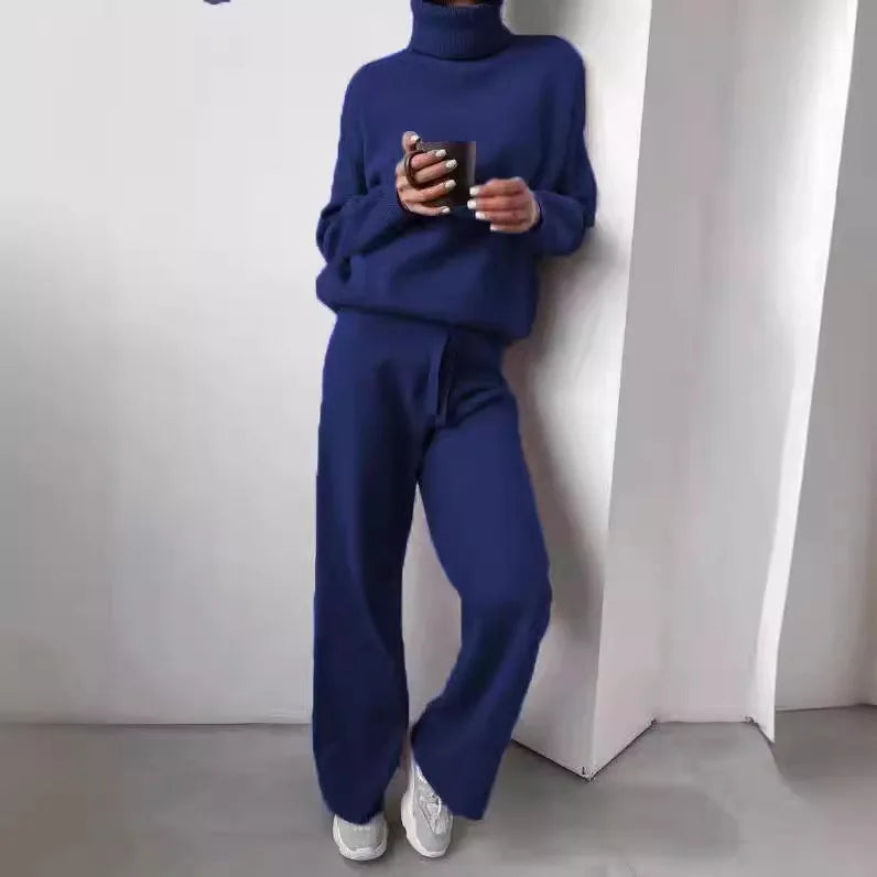 Women's  Wool Knitted Sweater Set Lady Fashion High Neck Soft Warm Winter Autumn Tracksuit