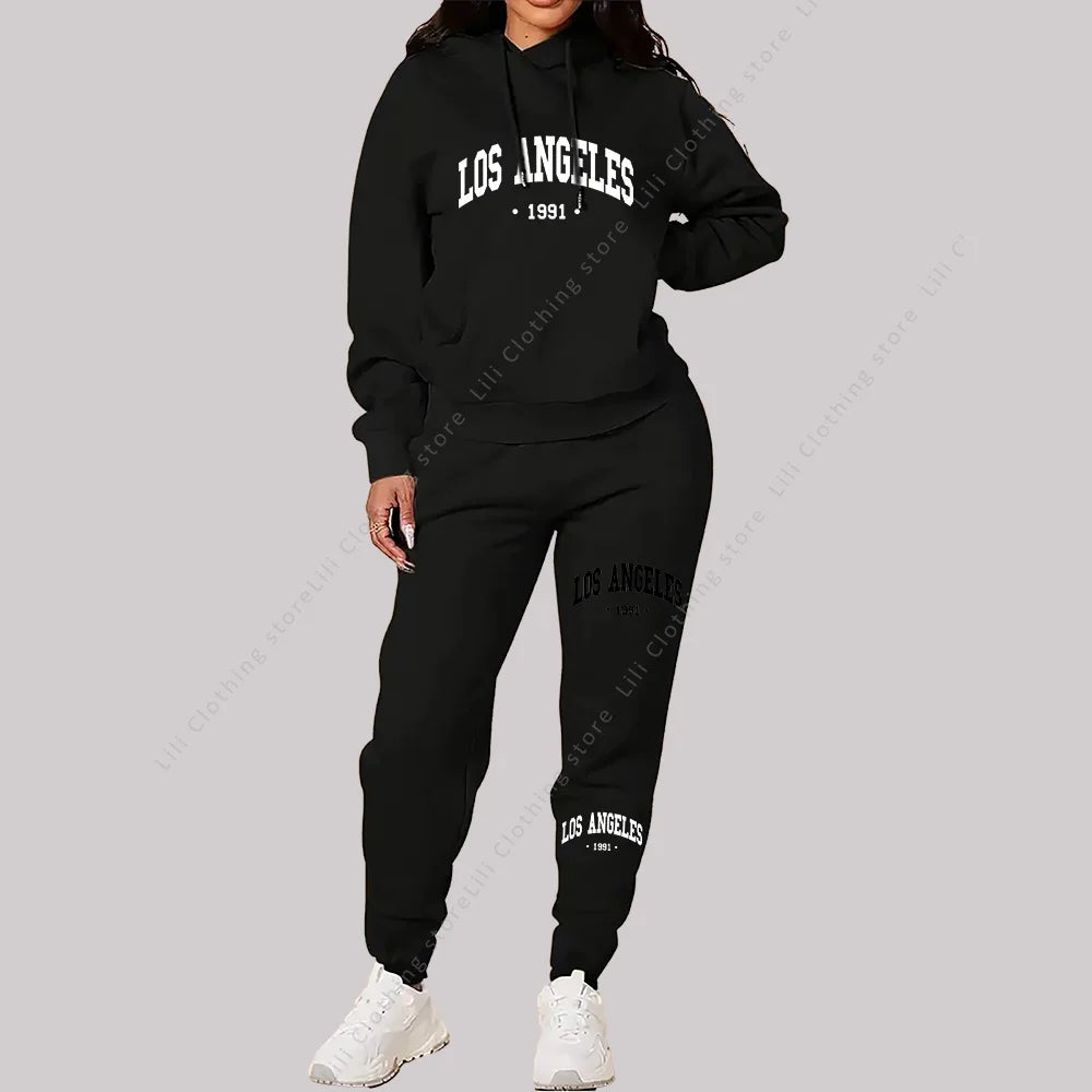 Women Sets Hoodies Pants 2 Piece Outfits Aesthetic Sportswear Sweatsuit Los Angeles Letter Print Suit Ladies Tracksuit Plus Size