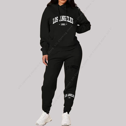 Women Sets Hoodies Pants 2 Piece Outfits Aesthetic Sportswear Sweatsuit Los Angeles Letter Print Suit Ladies Tracksuit Plus Size