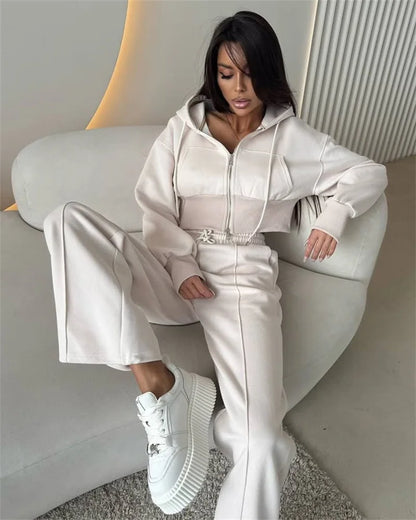 2025 Women's Cotton Hoodies Sweatshirt Two-piece Suit Casual Sports Sets High-waist Short Jacket Straight Trousers 2-piece Sets