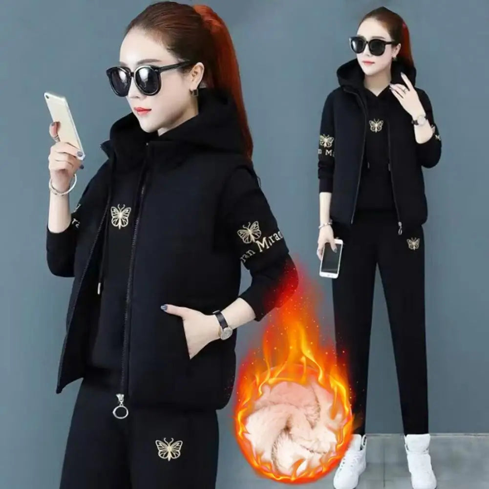 2024 Autumn Winter New Women's Casual Sweat Suit Fashion Plush Thickened Hooded Tops Waistcoat Pants 3 Three Piece Set For Women