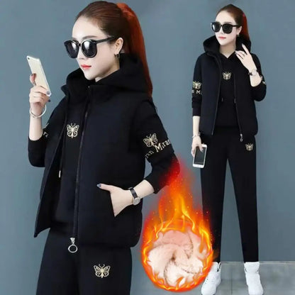 2024 Autumn Winter New Women's Casual Sweat Suit Fashion Plush Thickened Hooded Tops Waistcoat Pants 3 Three Piece Set For Women