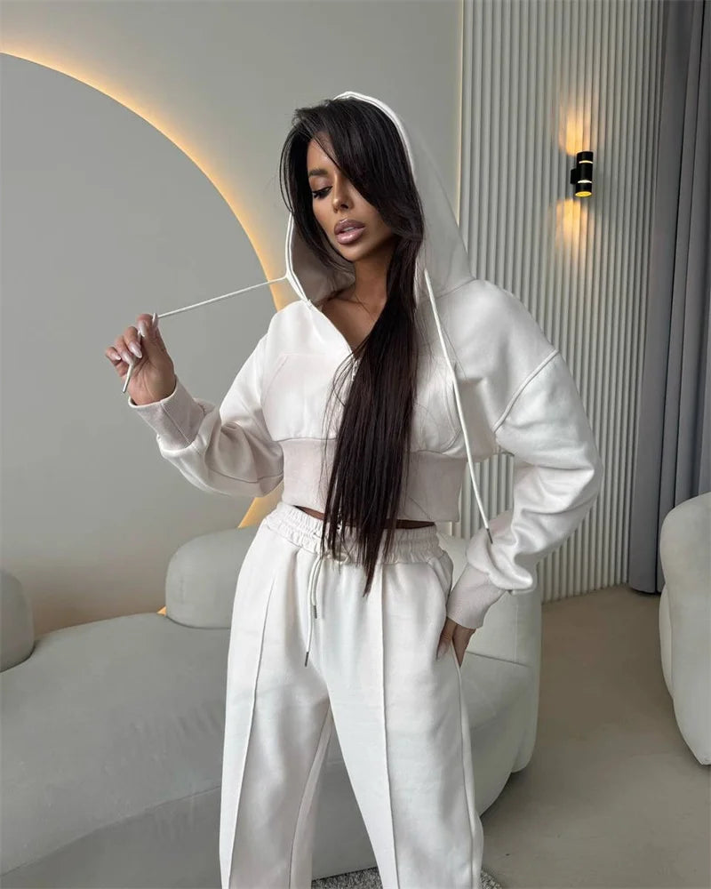 2025 Women's Cotton Hoodies Sweatshirt Two-piece Suit Casual Sports Sets High-waist Short Jacket Straight Trousers 2-piece Sets