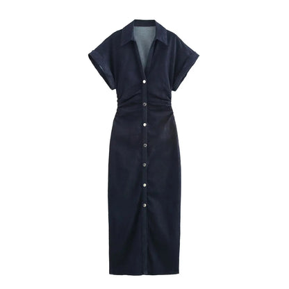 ETJ 2025 traf Spring New 1975 series denim MIDI dress with lapel side