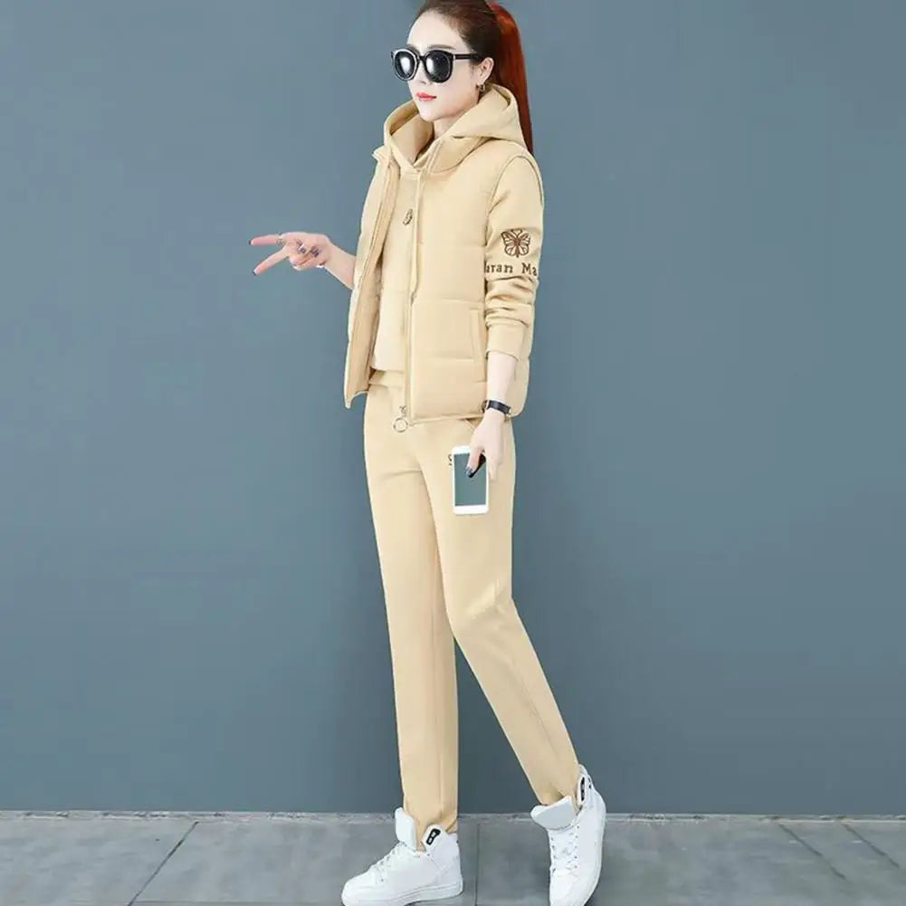 2024 Autumn Winter New Women's Casual Sweat Suit Fashion Plush Thickened Hooded Tops Waistcoat Pants 3 Three Piece Set For Women