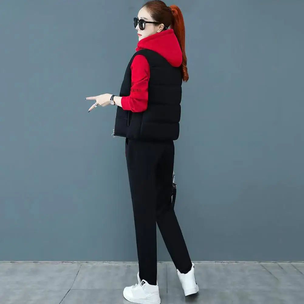 2024 Autumn Winter New Women's Casual Sweat Suit Fashion Plush Thickened Hooded Tops Waistcoat Pants 3 Three Piece Set For Women