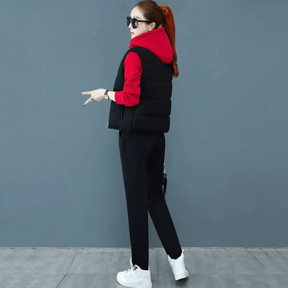 2024 Autumn Winter New Women's Casual Sweat Suit Fashion Plush Thickened Hooded Tops Waistcoat Pants 3 Three Piece Set For Women