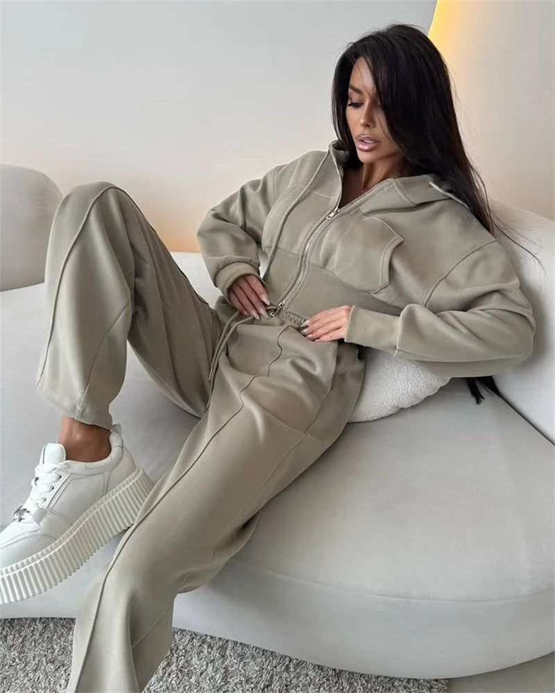 2025 Women's Cotton Hoodies Sweatshirt Two-piece Suit Casual Sports Sets High-waist Short Jacket Straight Trousers 2-piece Sets
